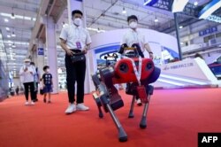 北京舉行的2022世界機器人大會上一個四腳機器人在行走。（2022年8月18日）