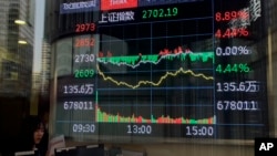 北京一家股票交易所的電子屏幕正在顯示上証指數當日的跌漲。（2024年2月5日）