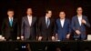 Ko Wen-je, Taiwan People's Party (TPP) chairman, Terry Gou, former Taiwan President Ma Ying-jeou, Hou Yu-ih of the main opposition party Kuomintang (KMT) and Eric Chu, Kuomintang's Chairman attend a press conference in Taipei, Nov. 23, 2023. 