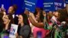 Para perempuan pendukung Demokrat bersorak saat mendengarkan Wakil Presiden Kamala Harris berbicara tentang kebebasan reproduksi di El Rio Neighborhood Center di Tucson, Arizona, 12 April 2024.
