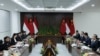 Indonesian Foreign Minister Retno Marsudi, far left, speaks during a bilateral meeting with Chinese Foreign Minister Wang Yi, far right, in Jakarta, Indonesia, April 18, 2024. (Pool via AP)