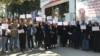 In an image posted on Telegram by a group called "Kermanshah nurses and medical staff" on Aug. 27, 2024, Iranian nurses and medical workers gather at Kermanshah University of Medical Sciences in Iran as part of a strike over poor working conditions. (Telegram/@Kermanshah_nurses)