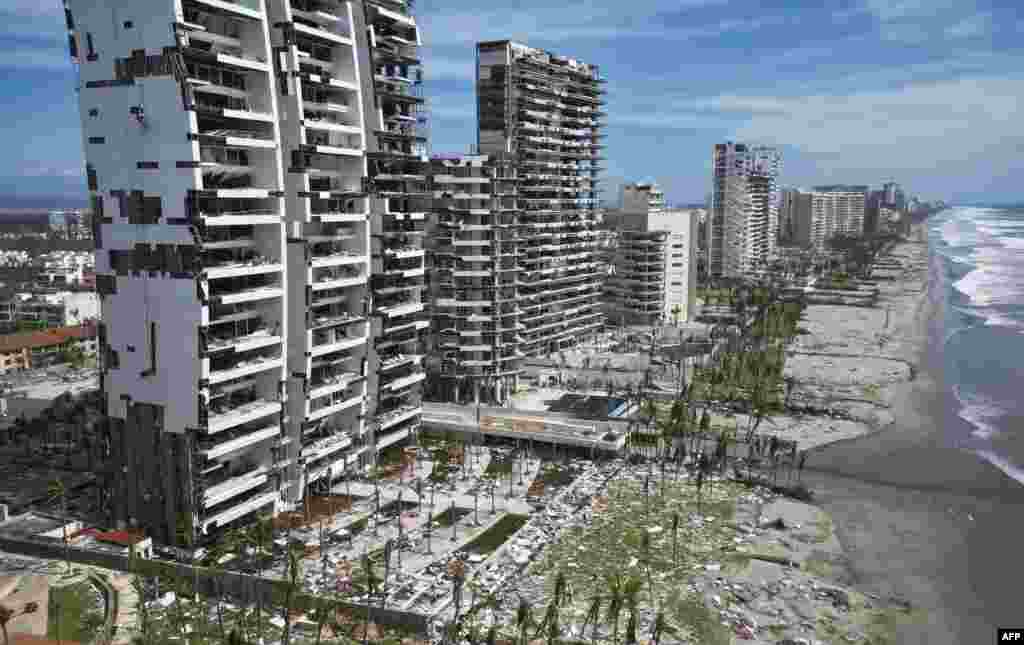 Aerial view of damages caused by the passage of Hurricane Otis in Acapulco, Guerrero State, Mexico, Oct. 28, 2023. The death toll from an extraordinarily powerful hurricane that blasted the Mexican resort city of Acapulco rose to 39, the government said.