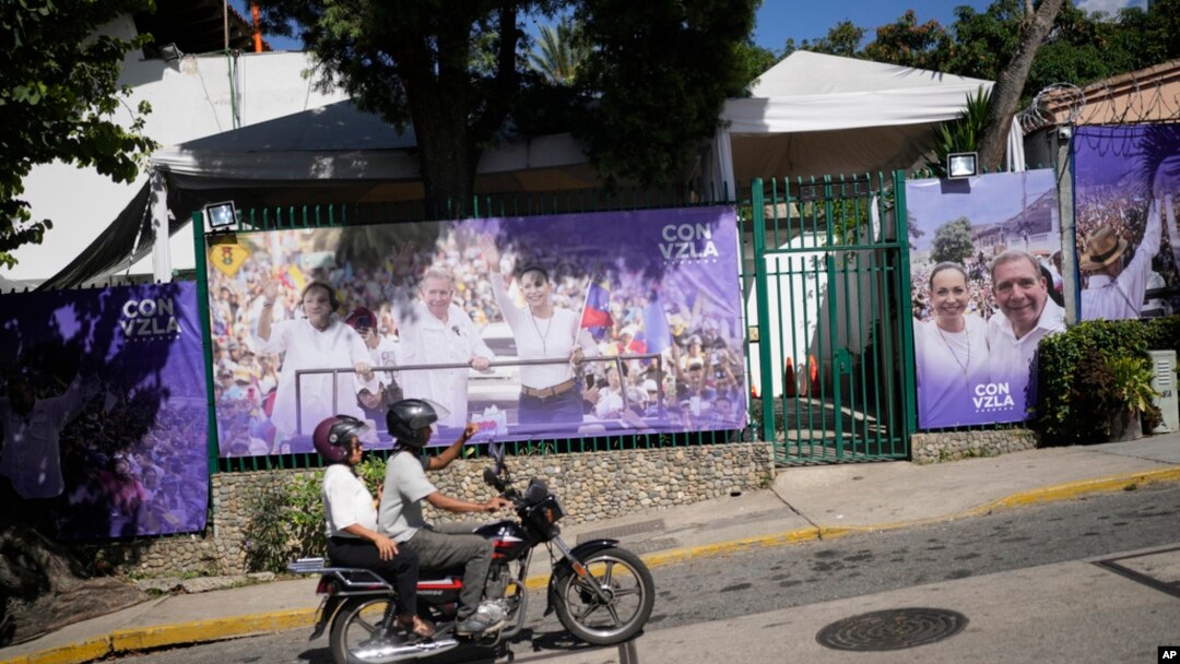 The election campaign headquarters of opposition leader Maria Corina Machado and presidential candidate Edmundo Gonzalez stands after being ransacked overnight in Caracas, Venezuela, Aug. 2, 2024.