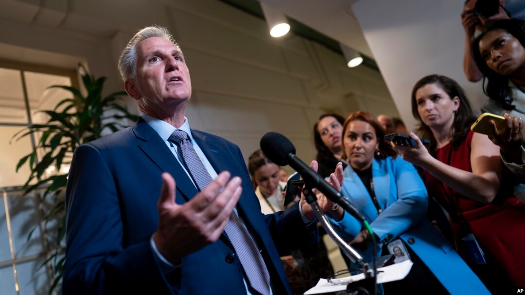 House Speaker Kevin McCarthy briefs reporters following a closed-door Republican Conference meeting on how to agree on a path to fund the government past a Sept. 30 deadline, at the Capitol in Washington, Sept. 19, 2023.