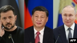 從左至右：烏克蘭總統澤連斯基、中國國家主席習近平、俄羅斯總統普京。
