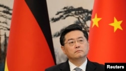 FILE - Chinese Foreign Minister Qin Gang attends a joint press conference at the Diaoyutai State Guesthouse in Beijing, China, April 14, 2023. "Regarding the export of military items,"he said. "China adopts a prudent and responsible attitude."
