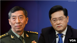 中國官媒報道，中國國防部長李尚福(左)被免除職務，前外交部長秦剛（右）的國務委員職務也被免除。 （2023年10月24日）