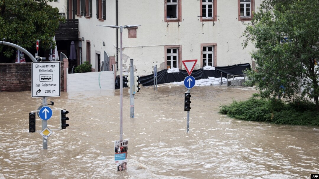 The historic part of Heidelberg is flooded during high water of the Neckar river in Heidelberg, southwestern Germany, June 3, 2024. 