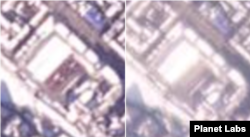 단둥 세관 일대를 촬영한 7일과 8일의 모습. 7일까지 가득하던 트럭이 8일 사라졌다. 사진=Planet Labs