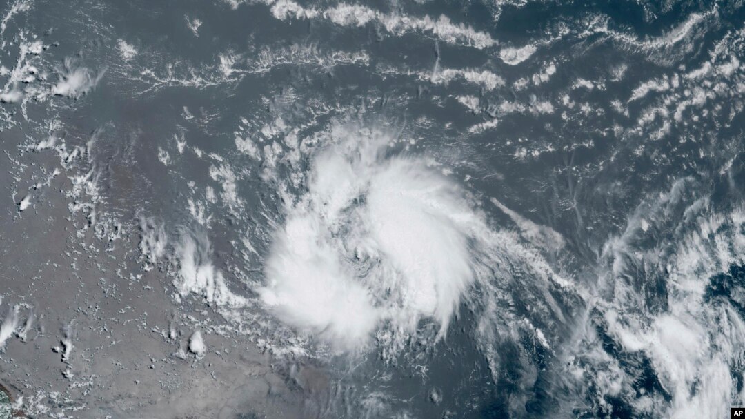 This GeoColor satellite image taken June 20, 2023 and provided by NOAA, shows Tropical Storm Bret as it chugged toward the eastern Caribbean.