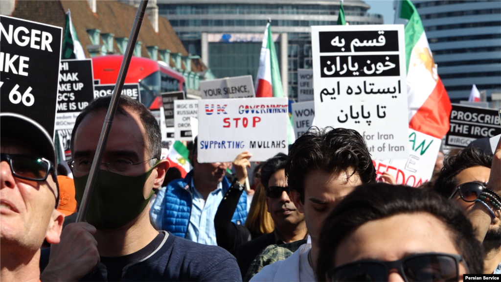 تجمع و راهپیمایی اعتراضی در لندن با درخواست افزوده شدن سپاه به فهرست سازمان‌های تروریستی - شنبه ۹ اردیبهشت ۱۴۰۲