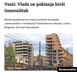 Skrinšot teksta sa sajta dnevnika Politika o sudbini lokacije biše zgrade Generalštaba Vojske Srbije, u Beogradu.