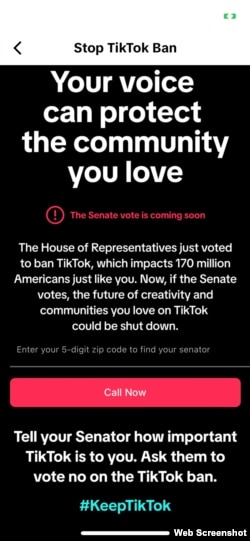 TikTok在其應用軟件上鼓勵用戶給議員打電話。圖片來源：TikTok應用截屏。