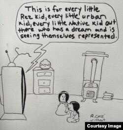 Cartoon by Ricardo Cate of Santo Domingo/Kewa Pueblo in New Mexico shows two children watching and being inspired by Lily Gladstone's speech at the 2023 Golden Globe Ceremony.