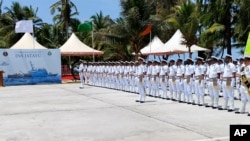 Indian Navy soldiers stand during the commissioning of its naval base INS Jatayu on Minicoy, the southernmost island in the Lakshadweep archipelago, India, March 6, 2024. 