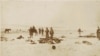 This George E. "Gus" Trager photograph shows soldiers holding moccasins and other items they have looted from the dead at the Wounded Knee Massacre site, 1890.