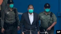資料照片：香港壹傳媒創辦人黎智英被控涉嫌違反港版國安法被警方逮捕。 （2020年12月12日）