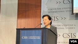 台灣經濟部長王美花2022年10月11日在華盛頓智庫戰略與國際研究中心發表講話。(美國之音鍾辰芳拍攝）