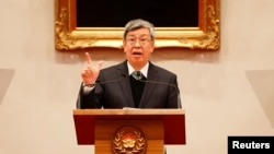 陳建仁在台灣總統府的記者會上接任台灣行政院長後發表講話。（2023年1月27日）