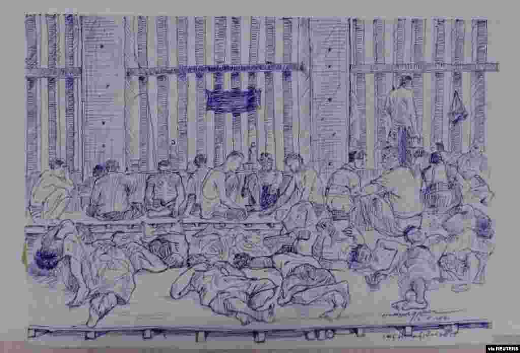 MYANMAR-POLITICS/PRISON -A smuggled sketch shows people inside of Myanmar's Insein prison with a written date April 17, 2021, in this undated picture obtained by REUTERS