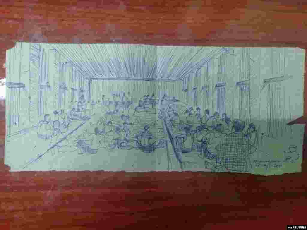 MYANMAR-POLITICS/PRISON -A smuggled sketch shows people inside of Myanmar's Insein prison with a written date April 17, 2021, in this undated picture obtained by REUTERS