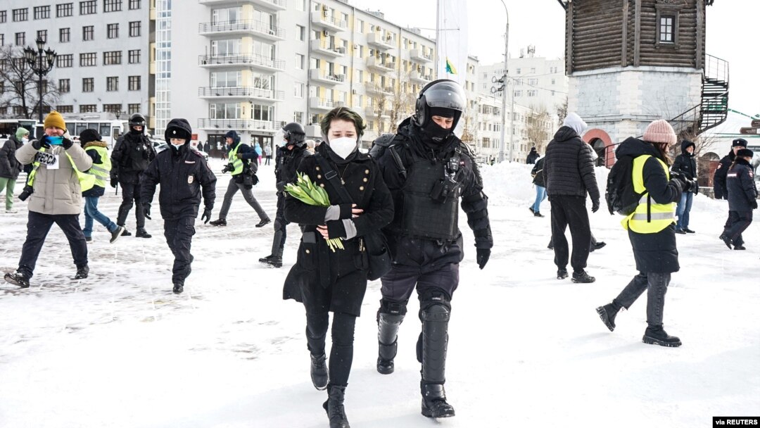 A person is detained during an anti-war protest, following Russia's invasion of Ukraine, in Yekaterinburg, Russia, March 6, 2022.