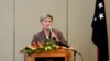 FILE - Australia's Foreign Minister Penny Wong speaks to the media after arriving in Port Moresby, Papua New Guinea, on Aug. 29, 2022.