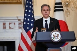 Državni sekretar SAD Entoni Blinken govori na konferenciji za štampu nakon sastanka sa minitrom inostranih poslova Južne Koreje Parkom Jinom, u Stejt dipartmentu, Vašington, 13. juna 2022.