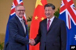 中国领导人习近平与澳大利亚总理阿尔巴尼斯在巴厘岛出席G20峰会期间举行会晤。（2022年11月15日）