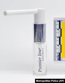 A photo provided by the Metropolitan Police shows a perfume bottle and applicator recovered by police from Novichok victim Charlie Rowley's address in Amesbury.
