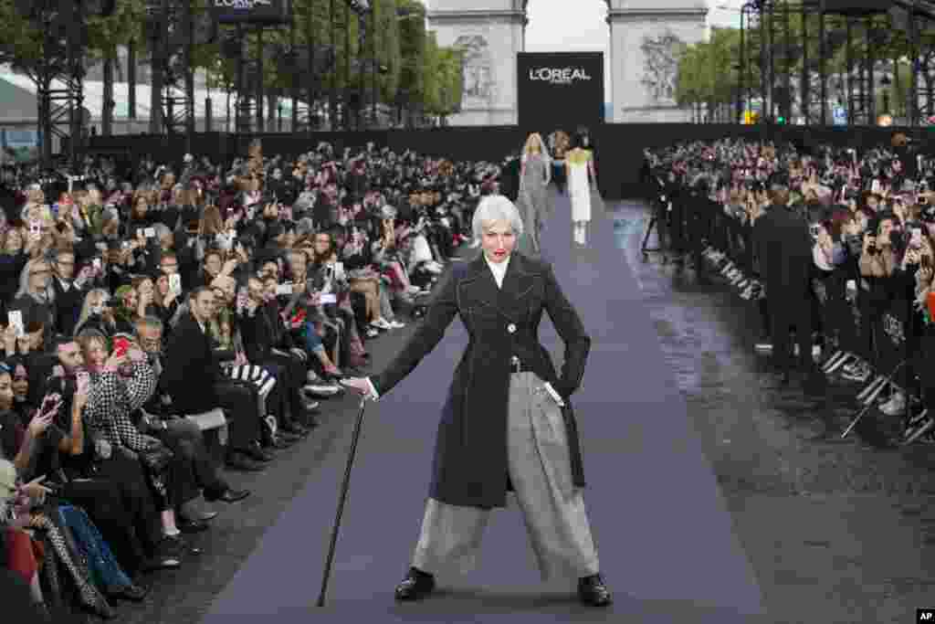 Actress Helen Mirren wears a creation for L'Oreal Spring/Summer 2018 ready-to-wear fashion collection presented in Paris, France.