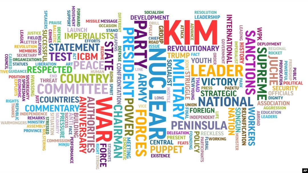 This image made on Dec. 4, 2017, shows a word cloud representing a visual display of terms used by the North Korean government's Korean Central News Agency's English-language service. 