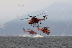 Vatrogasni helikopteri pune svoje spremnike morskom vodom, u blizini mesta Pefki, tokom požara na ostrvu Evija, Grčka, 10. avgusta 2021.