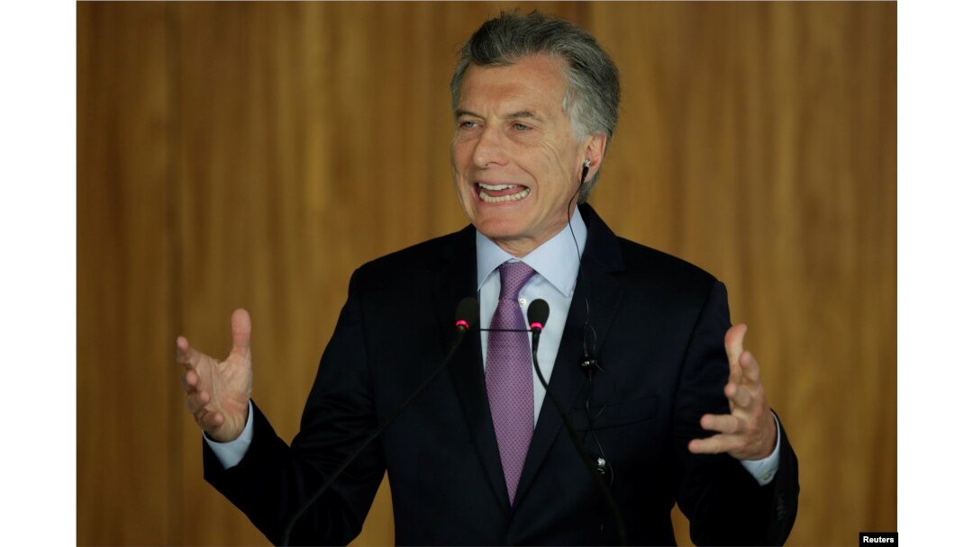 Argentina's President Mauricio Macri speaks during a meeting with Brazil's President Jair Bolsonaro in Brasilia, Brazil, Jan. 16, 2019.