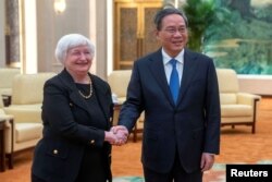 中國總理李強在北京人大會堂會見到訪的美國財長耶倫。（2023年7月7日）
