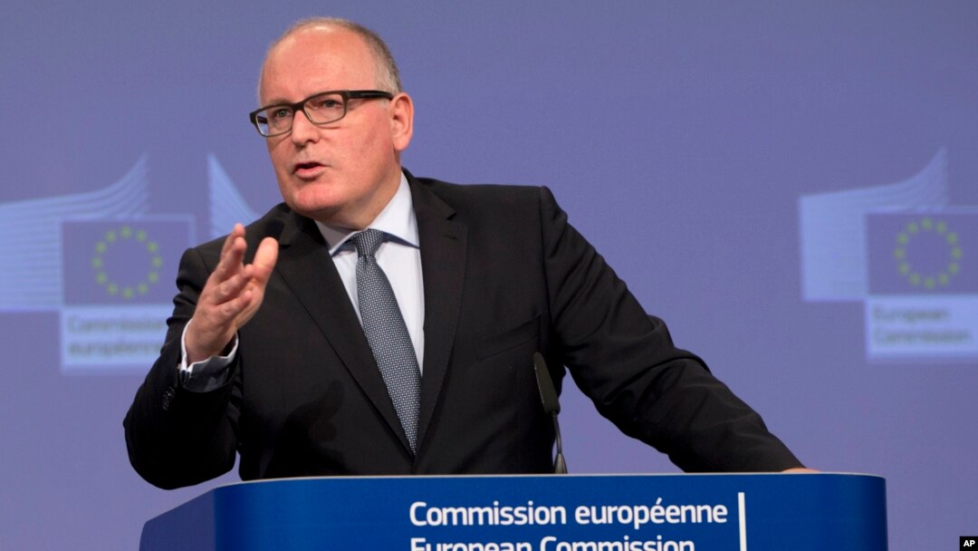 European Commission Vice-President Frans Timmermans speaks during a media conference at EU headquarters in Brussels, June 1, 2016. A senior European Union official on Wednesday said the bloc has found that Poland's government is amiss on the rule of law and has taken a step toward sanctions.