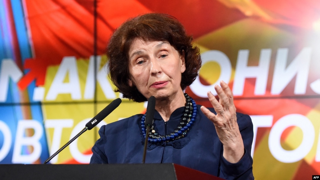 North Macedonian President-elect Gordana Siljanovska-Davkova of the right-wing VMRO-DPMNE party celebrates her election victory in Skopje on May 8, 2024.