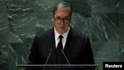 Vučić za govornicom tokom zasedanja Generalne skupšine Ujedinjenih nacija u Njujorku (Foto: Reuters/Brendan McDermid)