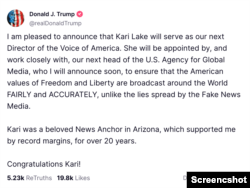 Novoizabrani predsednik Donald Tramp novinovao je bivšu voditeljsku Foks njuza Keri Lejk za novu direktorku Glasa Amerike, u objavi na svojoj društvenoj mreži Truth Social, 12. decembra 2024. (Foto: Skrinšot)