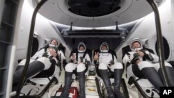 The astronauts returned to Earth on Monday to end a 200-day space station mission that began last spring.Photo provided by NASA via AP, Nov. 8, 2021 