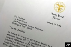 Deo pisma koji je predsedavajuća Predstavničkim domom Nensi Pelosi poslala 16. januara 2019. predsedniku Donaldu Trampu tražeći od njega da odloži obraćanje povodom stanja nacije zakazano za 29. januar, sve dok vlada ne bude ponovo otvorena.