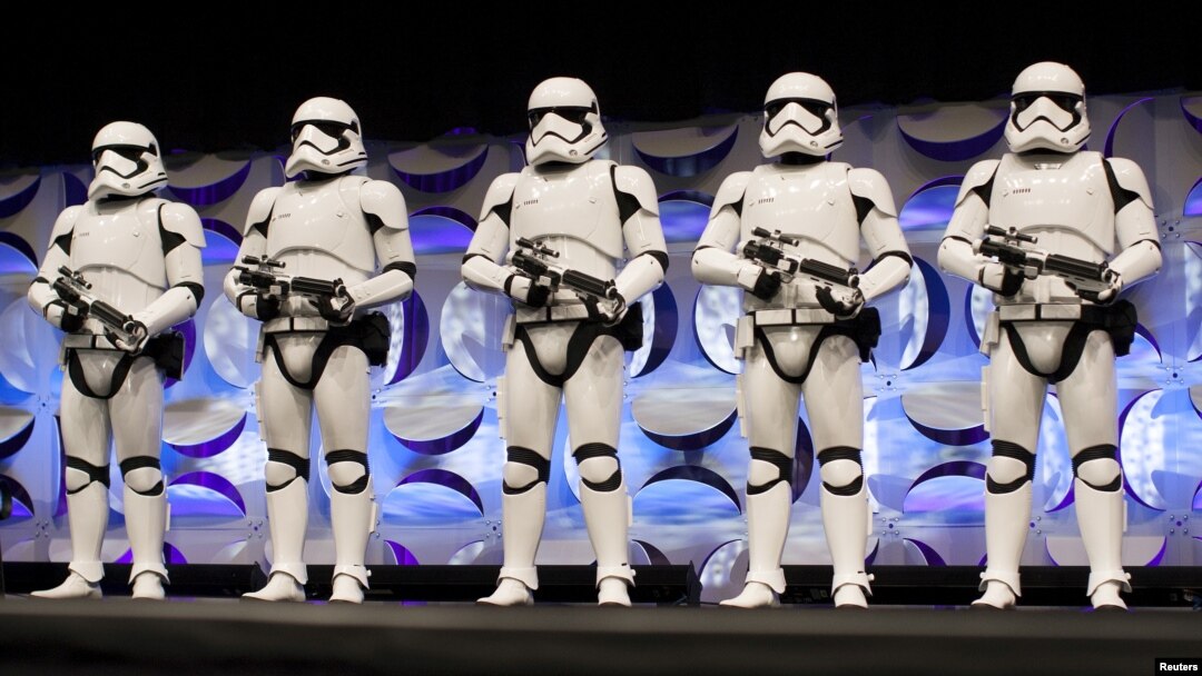 Redesigned stormtroopers appear onstage at the kick-off event of the Star Wars Celebration convention in Anaheim, California, April 16, 2015. 