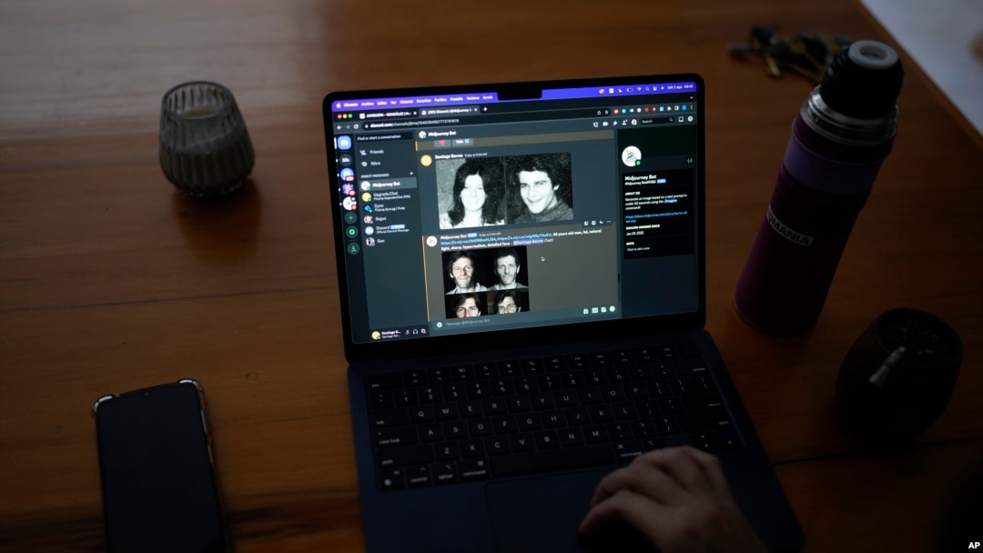 The computer screen of Santiago Barros shows old photographs of couple Maria Eugenia Gonzalez and Nestor Oscar Junquera, who disappeared during dictatorship, above AI-generated images of what their stolen son might look like today, in Buenos Aires, Argentina, Aug. 2, 2023. 