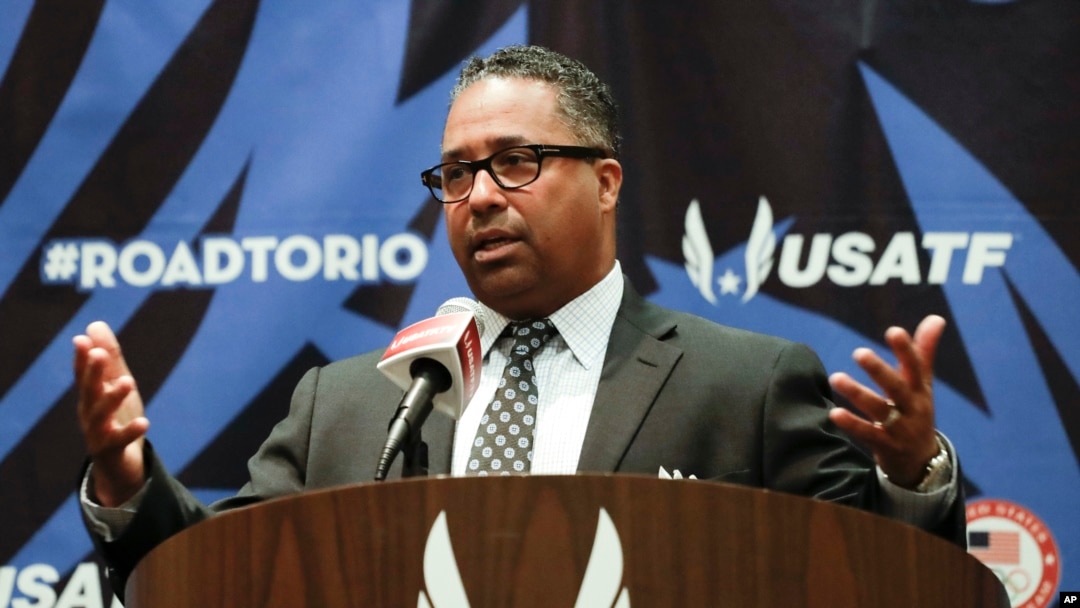 FILE - Max Siegel, chief of USA Track and Field, talks during a news conference at the U.S. Olympic Track and Field Trials, in Eugene, Oregon, July 5, 2016.