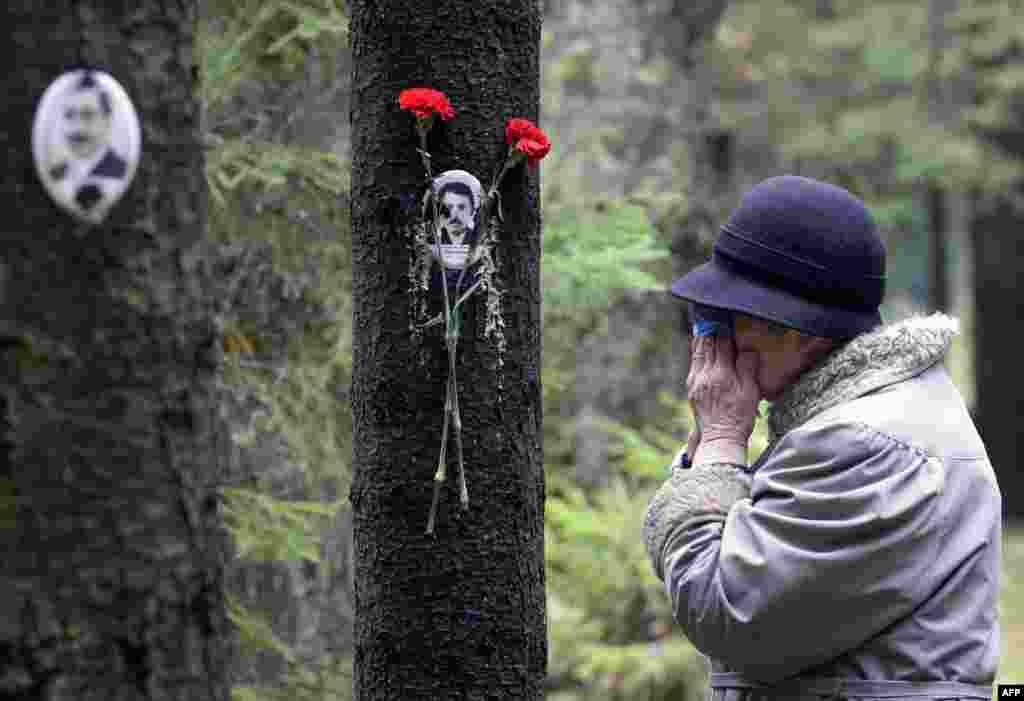 A woman reacts next to a portrait of a victim of Soviet dictator Joseph Stalin's purges at the memorial, where the victims were buried in the woods on the outskirts of Saint-Petersburg, Russia.