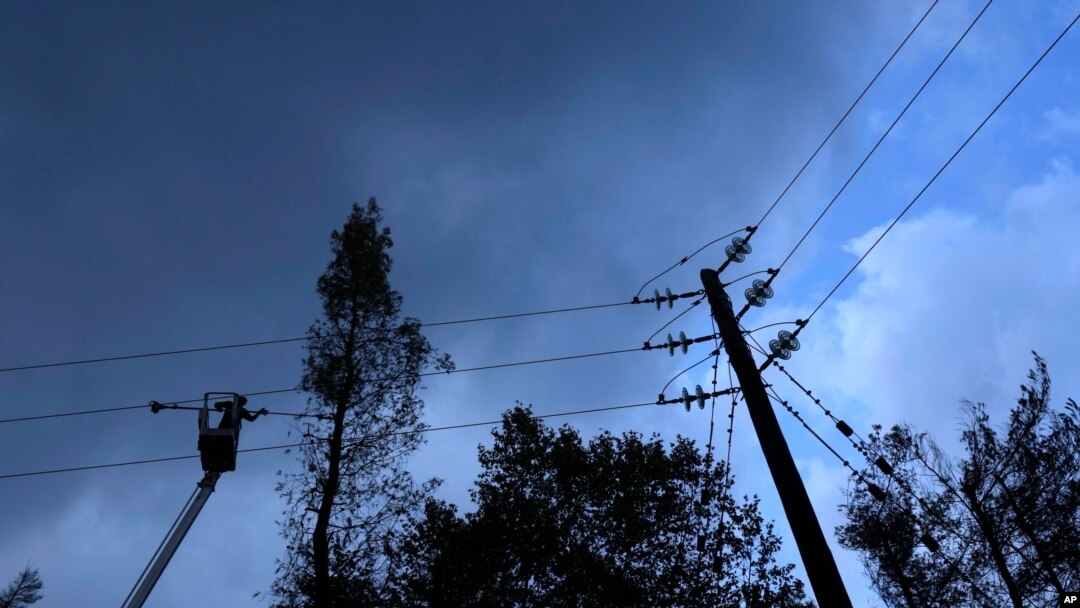 A worker cuts a burn tree next of an electricity poll as work continues to fix power lines near the village Milies on Evia island, about 181 kilometers (113 miles) north of Athens, Greece, Aug. 12, 2021.