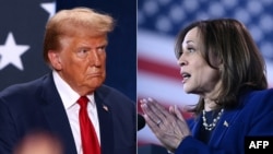 (左圖)美國前總統、共和黨總統候選人特朗普在北卡羅來納州費耶特維爾的競選活動上(2024年10月4日)；(右圖)美國副總統、民主黨總統候選人賀錦麗在亞利桑那州鳳凰城的競選活動上。(2024年10月31日)