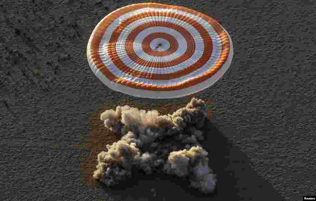 The Soyuz MS-04 capsule carrying the International Space Station (ISS) crew of Jack Fischer, Peggy Annette Whitson of the U.S. and Fyodor Yurchikhin of Russia lands in a remote area outside the town of Dzhezkazgan (Zhezkazgan), Kazakhstan.