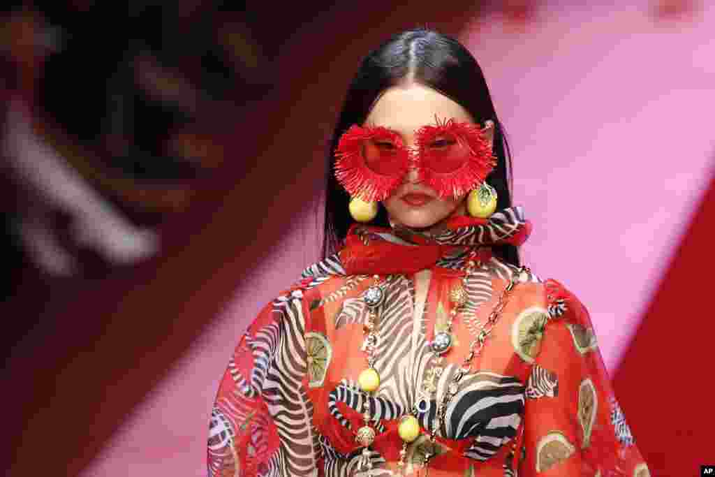 A model wears a creation of the Dolce & Gabbana Spring/Summer 2018/19 fashion collection, in Milan, Italy.